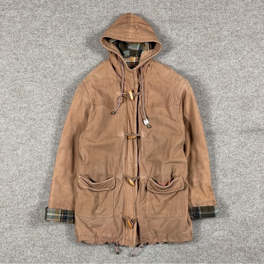 Vintage G-III Brown Hooded Leather Duffle Chore Parka Jacket Men M Flannel Lined